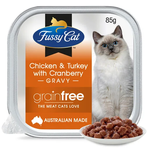    - Cat food for coat health  Fussy Cat Grain Free Chicken and Turkey with Cranberry Wet Cat Food 85g