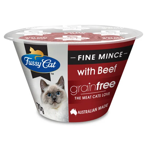    - Senior cat food  Fussy Cat Grain Free Fine Mince with Beef Chilled Cat Food 70g