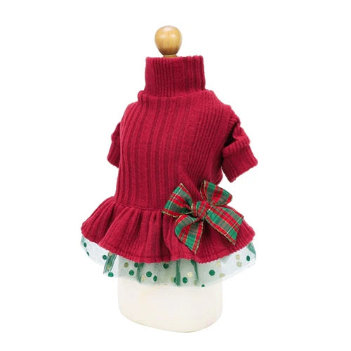 Small dog clothesChristmas Turtleneck Knitted Sweater Tulle Dress