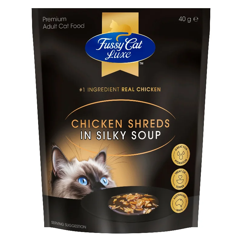    - High-fiber cat food  Fussy Cat Luxe Chicken Shreds in Silky Soup 40g