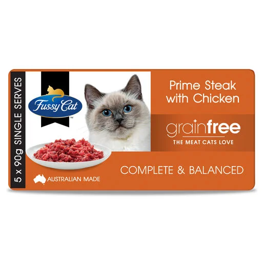   - Cat food for dental health  Fussy Cat Grain Free Prime Steak Mince with Chicken Chilled Cat Food 5 x 90g