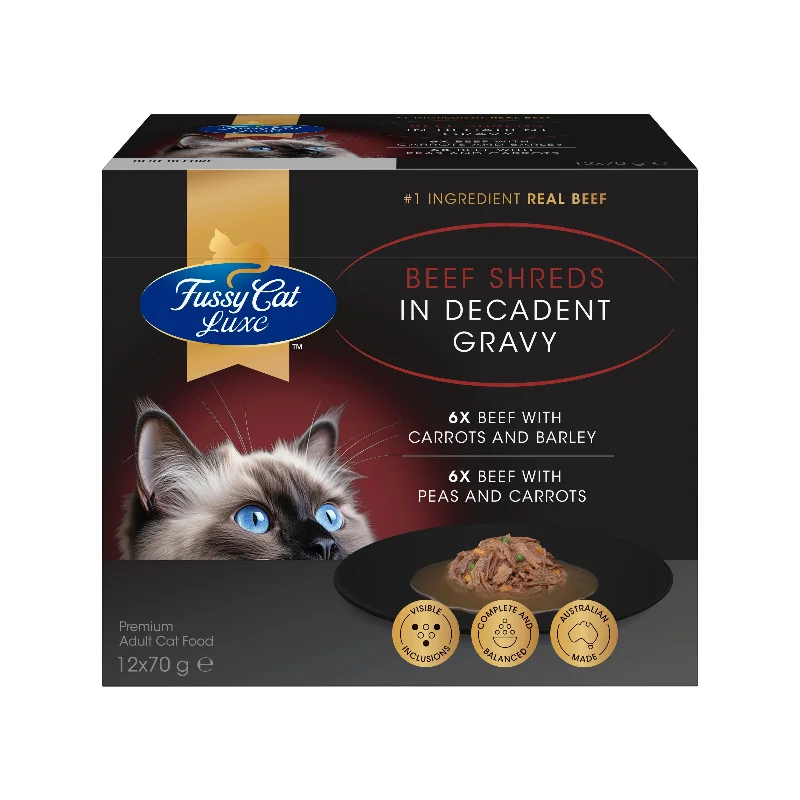  . **Price and Purchasing**  Fussy Cat Luxe Beef Shreds in Decadent Gravy 12x70g